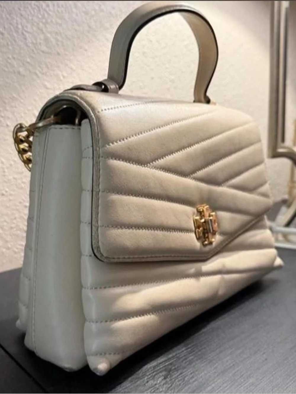 Tory Burch Quilted Cream Top-Handle Shoulder Bag with Gold Hardware